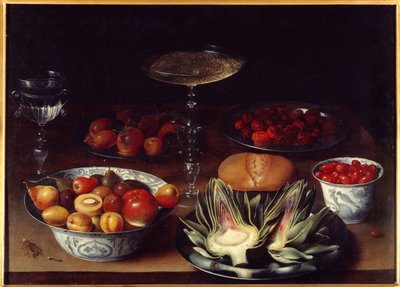 Stillleben mit Artischocken. Ein Tisch bedeckt mit Artischocken, Kirschen, Aprikosen, Pfirsichen, Birnen, Himbeeren. Gemälde von Osias Beert I, 17. Jahrhundert von Osias the Elder Beert
