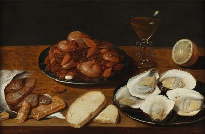 Stillleben mit Austern, Gebäck, Zitrone und Weinglas von Osias the Elder Beert