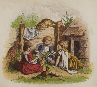 Drei Mädchen spielen mit ihren Haustierkaninchen, beobachtet von einer Katze von Oskar Pletsch