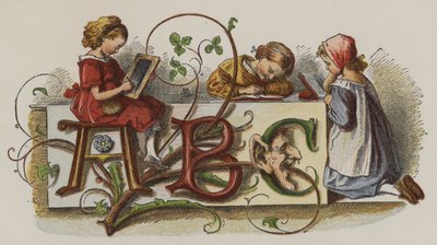 Drei Mädchen üben das Schreiben (Farblithografie) von Oskar Pletsch