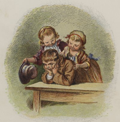 Zwei kleine Mädchen versuchen, einen mürrischen Jungen aufzuheitern (Farblithografie) von Oskar Pletsch