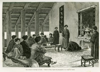 Eine Hochzeitszeremonie in Tonkin. Gravur von Tofani zur Illustration der Geschichte Trente mois au Tonkin, 1884, von Dr. Paul Hocquard, in Le Tour du monde 1890, unter der Leitung von Edouard Charton (1807-1890), Hachette, Paris. von Oswaldo Tofani