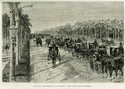 Buenos Aires, Sarmiento Avenue, Drei-Februar-Park. Gravur von Tofani zur Illustration der Geschichte Voyage à la Plata, 1886, von Emile Daireaux, in Le Tour du monde 1888, unter der Leitung von Edouard Charton (1807-1890), Hachette, Paris. von Oswaldo Tofani