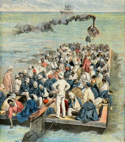 Einschiffung auf das Hospitalschiff der Verwundeten der Madagaskar-Expedition 1896 (Gravur) von Oswaldo Tofani