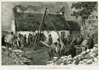 Räumungsszene. Gravur von Tofani zur Illustration der Geschichte Trois mois en Irlande, 1889, von Marie Anne de Bovet, in Le Tour du monde 1890, unter der Leitung von Edouard Charton (1807-1890), Hachette, Paris. von Oswaldo Tofani