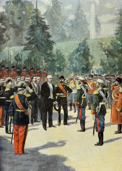 Felix Faure wird 1897 von Nikolaus II. in Peterhof empfangen (Gravur) von Oswaldo Tofani