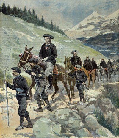 Felix Faure mit Alpenjägern auf einer Reise in die Alpen 1897 (Gravur) von Oswaldo Tofani