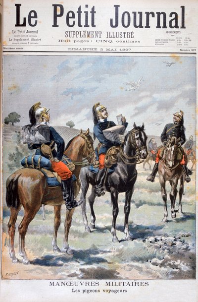 Französische Militärmanöver: Verwendung von Brieftauben zur Kommunikation, 1897 von Oswaldo Tofani