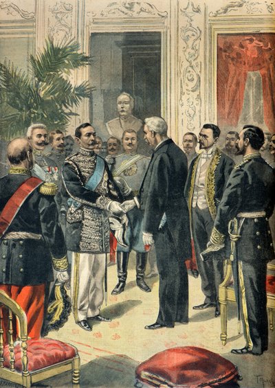 Interview zwischen Félix Faure und dem russischen Botschafter Lev Ouroussoff, Paris 1898 (Gravur) von Oswaldo Tofani