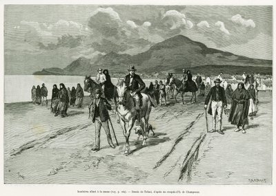 Inselbewohner auf dem Weg zur Messe. Gravur von Tofani zur Illustration der Geschichte „Drei Monate in Irland“ von Marie Anne de Bovet, veröffentlicht in Le Tour du monde 1890 von Oswaldo Tofani