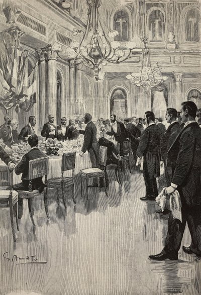 Italienische Diplomaten stoßen zusammen an, Paris, Frankreich, Gravur nach einer Zeichnung von Gennaro Amato, nach einer Skizze von Osvaldo Tofani, aus L