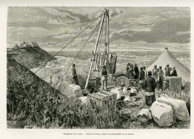 Verladen der Kisten archäologischer Ausgrabungen, Persien. Gravur von Tofani zur Illustration der Geschichte „A Suse“ von Oswaldo Tofani