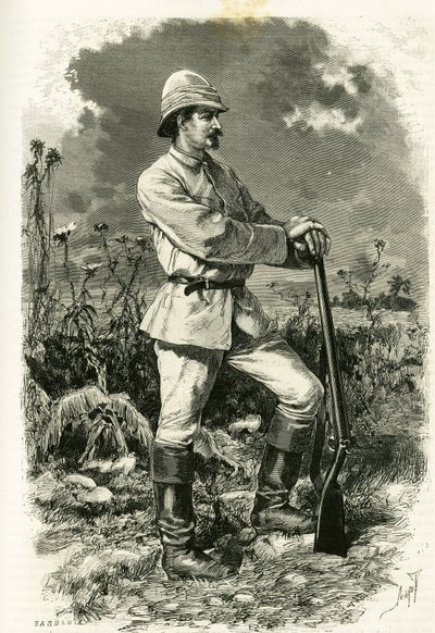 Porträt von Dr. Emile Holub in einem Expeditionsanzug, Gravur von Tofani zur Illustration der Geschichte „Au pays des Marutses“ in den Jahren 1875-1879 von Dr. Emile Holub (1847-1902). Veröffentlicht in der Tour du monde, 2. Semester 1883, herausgegeben vo von Oswaldo Tofani