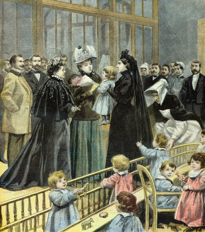Die Frau von Präsident Felix Faure besucht die Kinder in der Fourcade-Krippe in Paris 1896 (Gravur) von Oswaldo Tofani