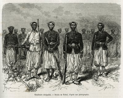 Senegalesische Reiter der Expeditionseskorte. Gravur von Tofani, um die Geschichte der Erkundung im oberen Niger von Kommandant Gallieni, der Marineinfanterie, in 1880-1881 zu illustrieren, veröffentlicht in der Tour du monde, unter der Leitung von Edouard von Oswaldo Tofani