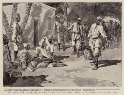 Der Vormarsch im Sudan, Strafarbeit in Wady Halfa, Anlegen einer Kette an die Füße eines Gefangenen von Oswaldo Tofani