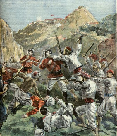 Die Briten werden am Fort von Mala - Khan während eines Aufstands in Indien 1897 angegriffen (Gravur) von Oswaldo Tofani