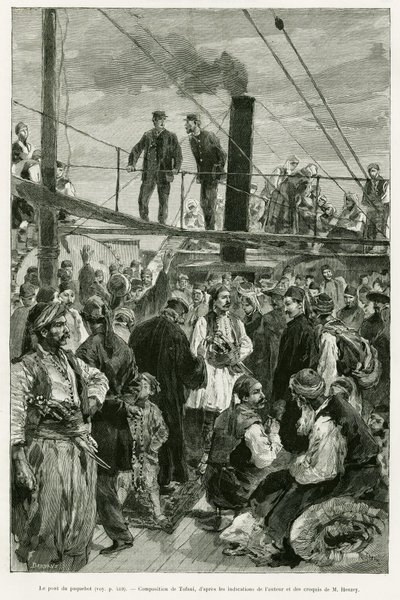 Das Schiffsdeck. Gravur von Tofani zur Illustration der Geschichte Voyage en Thessalie, 1882, von Paul Monceaux, in Le Tour du monde 1887, unter der Leitung von Edouard Charton (1807-1890), Hachette, Paris. von Oswaldo Tofani