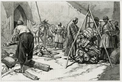 Das Wiegen des Gepäcks vor der Abreise der Delafoy-Hochzeitsexpedition. Gravur von Tofani, zur Illustration der Geschichte „Persien, Chaldäa und Susiane“. von Oswaldo Tofani