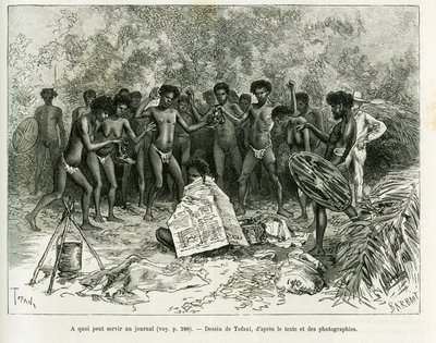 Wofür kann eine Zeitung verwendet werden? Gravur von Tofani zur Illustration der Geschichte Chez les cannibales, Voyage dans le nord-est de l