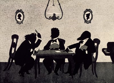 Kartenspiel zwischen Johannes Brahms (1833-1897), Richard Strauss (1864-1949) und Hans Richter (1843-1916), schwarze Silhouette von Otto Böhler (1847-1913) von Otto Bohler