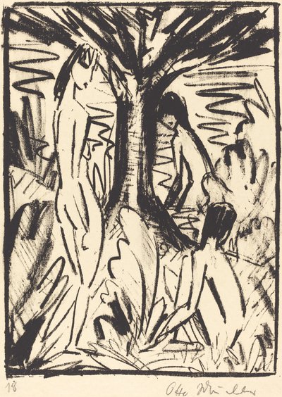 Stehende, sitzende und badende Mädchen am Baum von Otto Müller