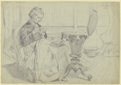 Luise Scholderer am Nähtisch, mit einer Handarbeit von Otto Scholderer