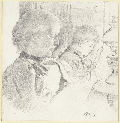 Luise Scholderer und Victor beim Lesen von Otto Scholderer