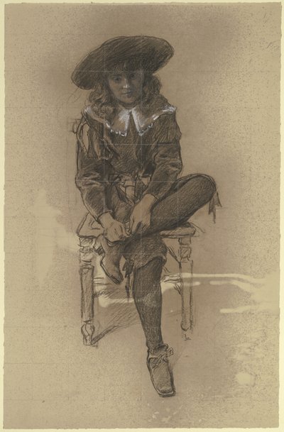 Sitzender Knabe in historischer Tracht aus der "Vorbereitung zum Kostümball" von Otto Scholderer