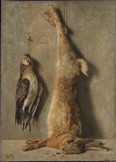 Stillleben mit totem Hasen und Perlhuhn vor einer grauen Wand von Otto Scholderer