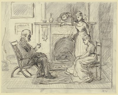 Drei Personen am Kamin von Otto Scholderer