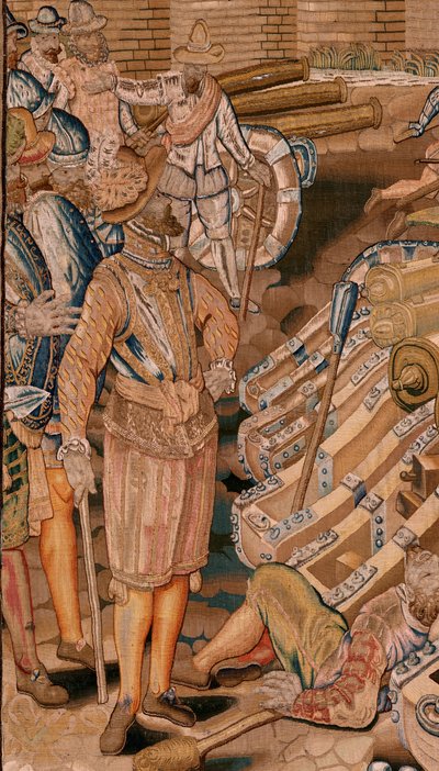 Flandrischer Wandteppich. Serie Triumphe und Schlachten von Erzherzog Albrecht. Angriff auf die Stadt Calais. Zweiter Wandteppich in der Serie. Modell Otto van Veen und Hans I Snellinck. Herstellung Martin Reynbouts, Brüssel. von Otto van Veen