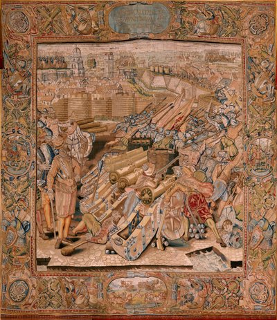 Flemischer Wandteppich. Serie Triumphe und Schlachten des Erzherzogs Albrecht. Angriff auf die Stadt Calais. Zweiter Wandteppich in der Serie. Modell Otto van Veen und Hans I Snellinck. Herstellung Martin Reynbouts, Brüssel. von Otto van Veen