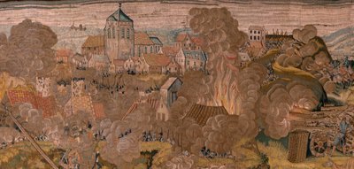 Flemischer Wandteppich. Serie Triumphe und Schlachten des Erzherzogs Albrecht. Nachtangriff auf Ardres oder Eroberung der Unterstadt von Ardres. Dritter Wandteppich in der Serie. Modell Otto van Veen und Hans I Snellinck. von Otto van Veen