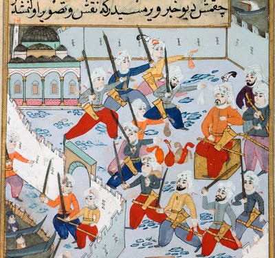 Eroberung von Konstantinopel: Die Armee des osmanischen Sultans Mehmet II. (1430-1481) im Goldenen Horn belagert die Stadt Konstantinopel im Jahr 1453. Miniatur des 15. Jahrhunderts. Topkapi Sarayi Museum Bibliothek Istanbul von Ottoman School