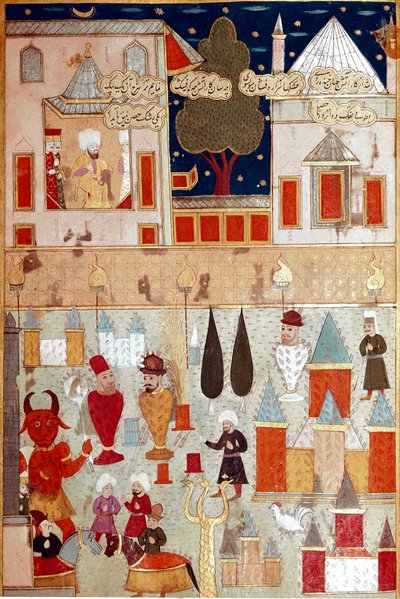 Festlichkeiten zur Beschneidung des Sohnes von Sultan Murad II., Vorbereitung von Feuerwerken von Ottoman School