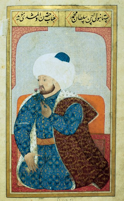 Porträt des Sultans des Osmanischen Reiches Mehet II. (Mehmet II. der Eroberer oder Mehmed II. Fatih) (1430-1481) Miniatur aus dem Manuskript „Physiognomie des Menschen (Über die persönlichen Dispositionen der Osmanen) von Seyyid Lokman Hussein. (Ms. ty608 von Ottoman School