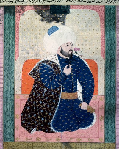 Porträt des Sultans des Osmanischen Reiches Mehet II. (1430-1481). Miniatur aus dem Manuskript „Zubdatat-al-Tawarikh“ (Creme der Geschichten) von Historiker Seyyid Loqman Ashuri 1538. Türkisches und Islamisches Kunstmuseum von Ottoman School