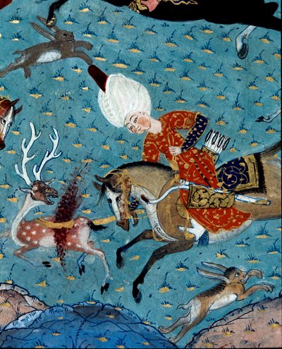 Darstellung der Höflinge von Sultan Murad II (Murat) (1404-1451) bei der Jagd auf Hirsche und Hasen (Detail). 17. Jahrhundert Miniatur. Istanbul, Topkapi Sarayi Museum Bibliothek von Ottoman School