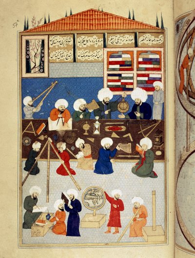 Wissenschaft und Islam: Beschreibung des astronomischen Observatoriums des arabischen Wissenschaftlers Taqi al-Din (1526-1585), gebaut unter Murad III in Istanbul 1577, Astronomen arbeiten mit Instrumenten. Manuskript-Miniatur ms. FY 1404 von Ottoman School