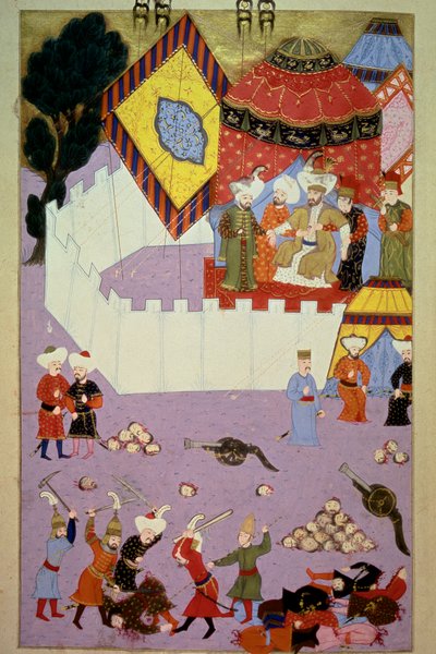 Die Ermordung von Sultan Murad I. (1326-1389) durch den serbischen Ritter Milos Obilic in der Schlacht von Kosovo nach dem Sieg der Osmanen über die Serben. Miniatur aus Lokmans „Hunername“, Band 1 (H 1523, f.7) 1584. Topkapi Sarayi Istanbul von Ottoman School