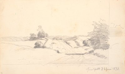Ein Feldweg mit etwas Gebüsch im Vordergrund. Im Hintergrund ein Waldrand von P.C. Skovgaard