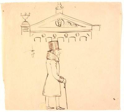 Karikatur eines pelzbekleideten Herrn vor dem Casino von P.C. Skovgaard
