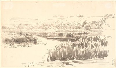 Landschaft mit einem Fluss, an dessen Ufer hohe Schilfrohre wachsen. Hügel im Hintergrund. Vermutlich Vejle von P.C. Skovgaard