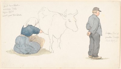 Studienblatt mit Mädchen, das eine Kuh melkt, rechts stehender Bauer von P.C. Skovgaard