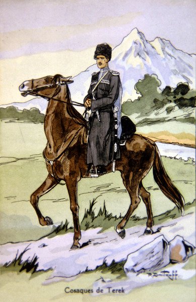 Postkarte, die einen Terek-Kosaken zeigt, ca. 1914 von P. (after) Dmitroff