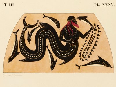 Druck der Dekoration auf einer griechischen Amphore, Poseidon begleitet von Delfinen, ca. 1858 von P. Bineteau