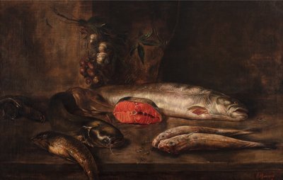 Stillleben mit Fischen, Karpfen, Wels, Lachs, Rotbarbe, Aale und Seezunge auf einem Tisch mit hängendem Knoblauch und Schalotten, tote Fische, ca. 1775-1800 von P. Romney