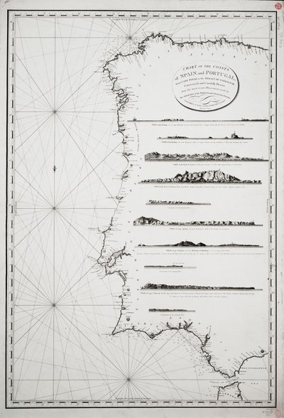 Karte der Küsten von Spanien und Portugal, von Kap Pinas bis zur Straße von Gibraltar, konstruiert und sorgfältig gezeichnet nach den neuesten Beobachtungen der Offiziere der französischen und spanischen Marine von P. Steel
