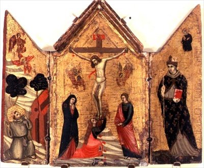 Kreuzigungstriptychon mit dem heiligen Franziskus, der die Stigmata empfängt, und dem heiligen Benedikt von Pacino di Bonaguida